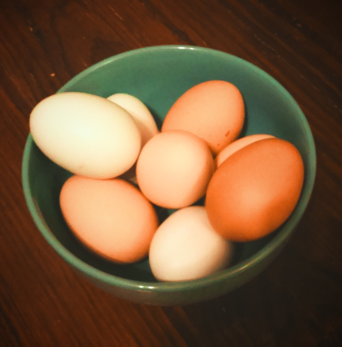 A ceramic bowl full of fresh eggs.